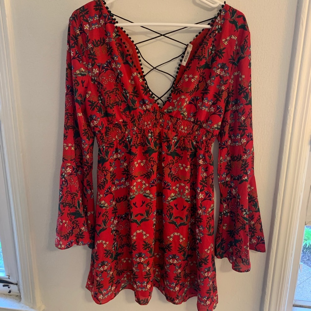 Long Sleeve Red Flowy Mini Dress